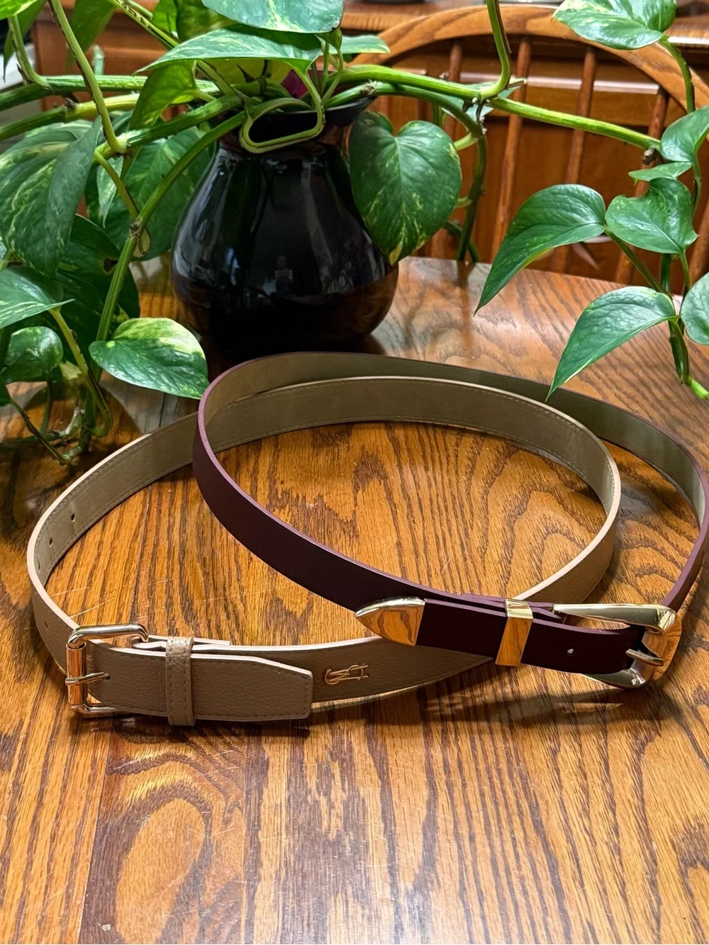 Women's Vegan Faux Leather Belts in Tan and Maroon Set of 2